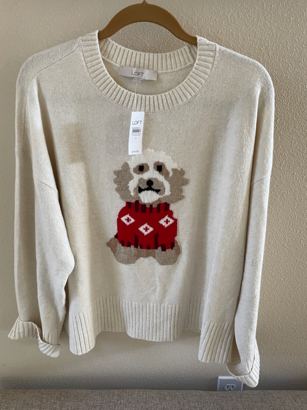 NWT LOFT Cream Cozy Lounge Sweater with Poodle Mix Graphic XL